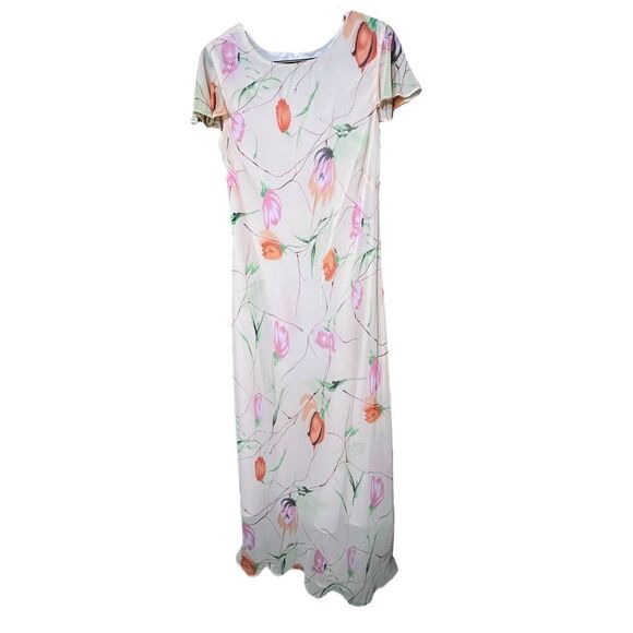 Vintage Y2K Mary McFadden Pink Peach Floral Flutter Cap Sleeve Maxi Dress Size 1 - Picture 1 of 11